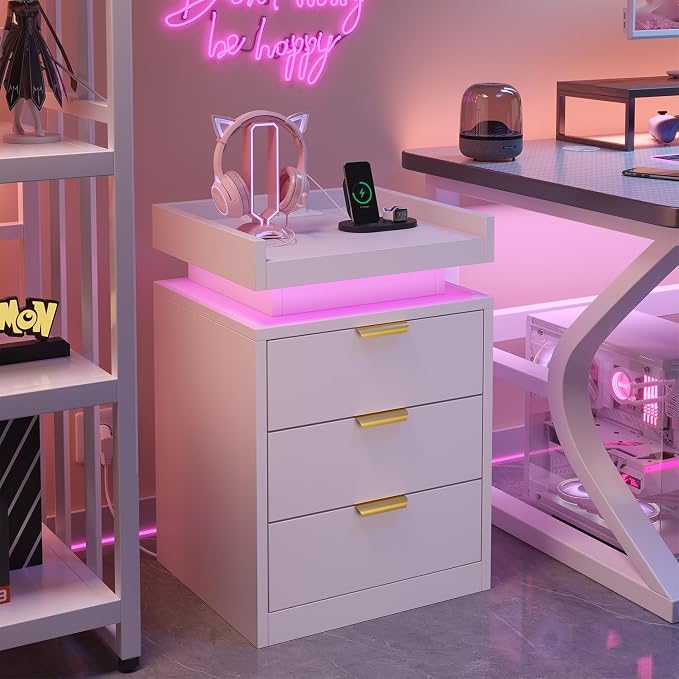 knoworld LED Nightstand with Charging Station & USB Ports, 3-Drawer Bedside Table with Adjustable RGB LED Lights, High-Gloss Modern Nightstands for Bedroom, White