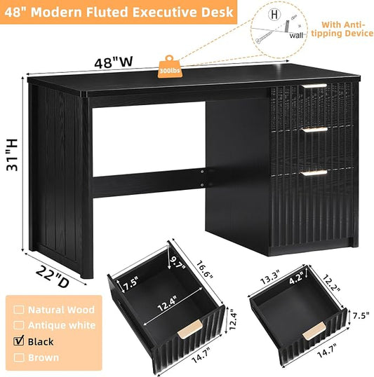 LEYAOYAO Office Desk 48" with 3 Drawers Storage File Cabinet Wood Fluted Desk for Computer Office Bedroom Home Furniture Black
