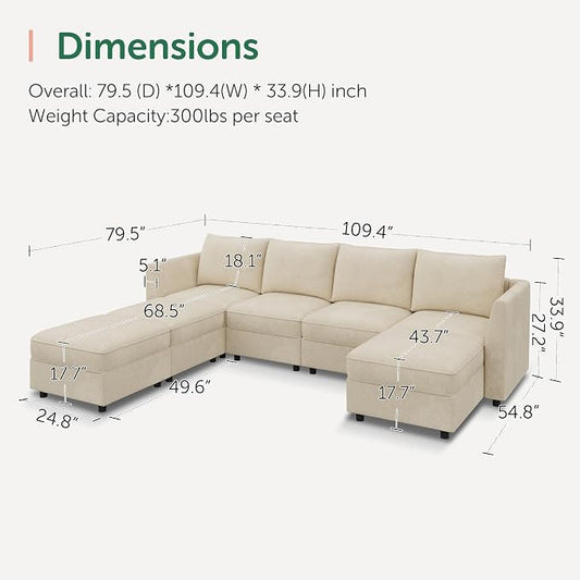 HONBAY Modular Sofa U Shaped Sectional Couch with Storage, Convertible Modular Sofa 7 Seats Sectional for Living Room - Beige