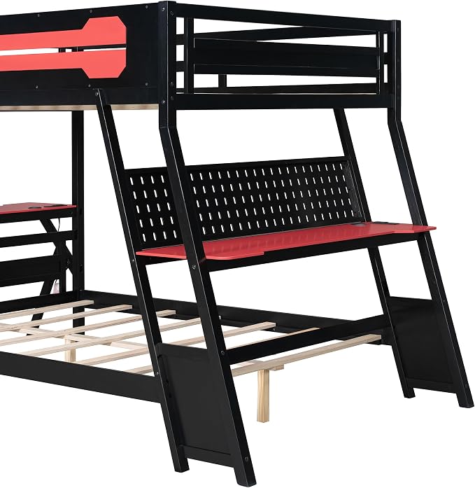 Merax Wooden Full Over Full Bunk Bed with 2 Side Desks, USB Desktop Ports and Pegboard Organizer, Gaming Bunk Bed for Gamer, Kids or Teens, No Box Spring Needed, Red