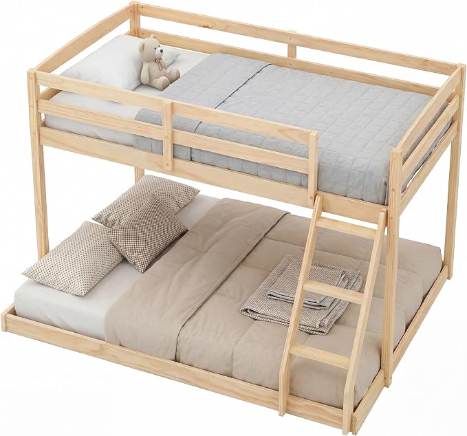 KOMFOTT Low Bunk Bed Twin Over Full, Solid Wood Twin Bed Frame with Built-in Ladder & Safety Guardrails, Space-Saving Low Bunk Bed for Kids, Teens, No Box Spring Needed (Low Twin Over Full,Natural)