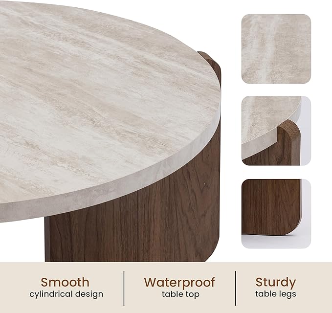 SUNBURY Coffee Table and End Table Sets, Round Marble Modern 3-Piece Living Room Table Set for Office, Living Room, Apartment, Small Space, Easy Assembly Living Room Furniture, Faux Marble