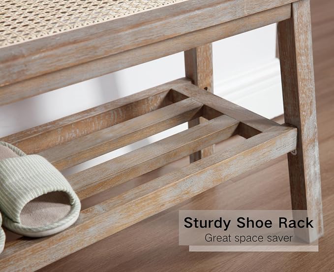 ROCITY Rattan Entryway Bench Wood Bench with Shoe Rack 30 Inch Small Bench Seat Storage Indoor Distressed Wooden Dining Bench Farmhouse Vintage Rustic Accent Bench for Porch/Dining Room/Living Room