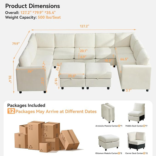 127'' Oversized U Shaped Modular Sofa, Sectional Couches with Storage for Living Room, Modern 9 Seater Cloud Sectional Couch with Movable Ottoman, Chenille Beige