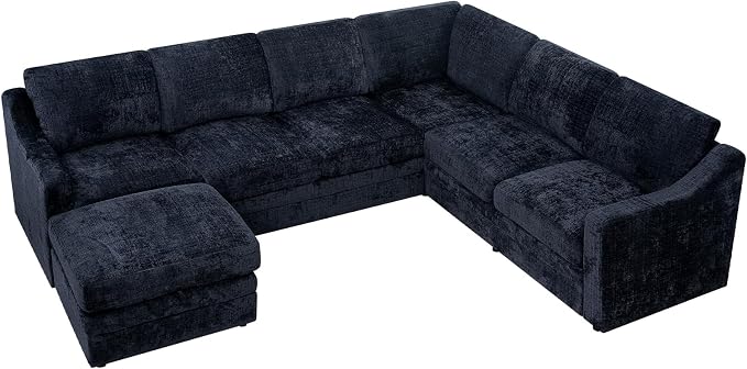 115 Inches Chenille Sectional Sofa with Storage Ottoman, Modern 7 Seats Corner Couch with Deep Seat, Comfy Modular U Shaped Couch with Comfortable Cushions for Living Room, Blue