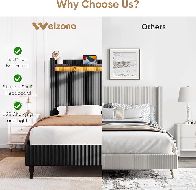 Queen Size Bed Frame with Tall Headboard, 55.3" Upholstered Platform Bed with LED Lights & Charging Station, Elegant Corduroy Bedframe, 2-tier Storage Wingback Headboard, No Box Spring Needed, Black