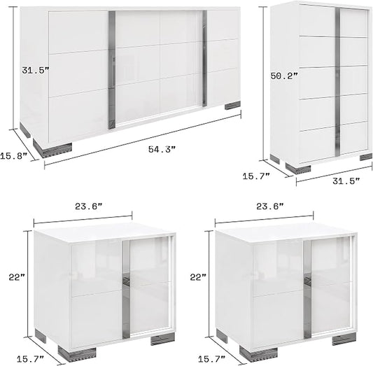 AMERLIFE 4 Piece Bedroom Dresser Set, Modern High Gloss UV Finish, 2 Nightstands, Chest of 5 Drawers & 6 Drawer Dresser, Electroplated Metal Handles, Bedroom Furniture Set, White