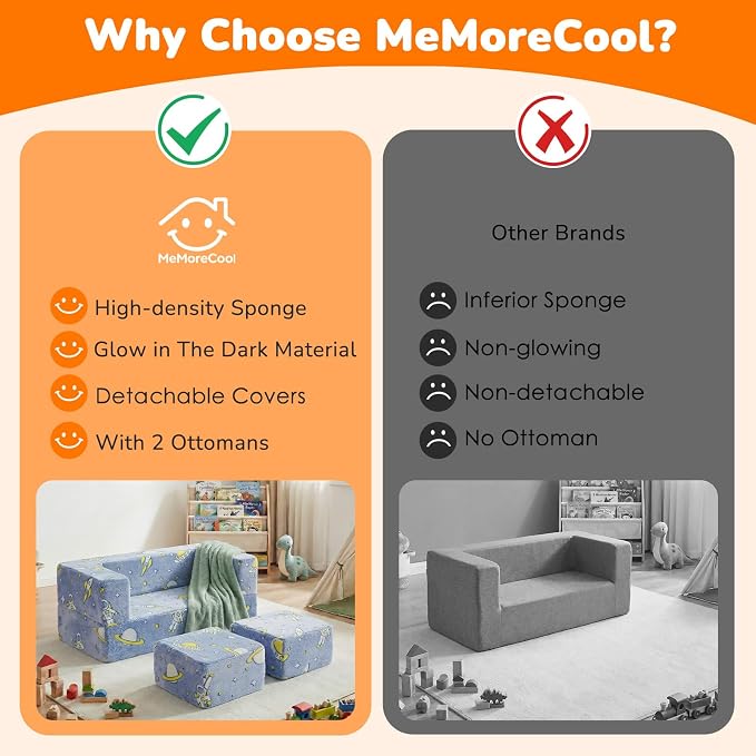 MeMoreCool Modular Kids Couch, Glow Play Toddler Couch for Bedroom Playroom, Convertible Foam Kids Sofa Bed, Fold Out Baby Sofa for Girl Boy, Denim Rocket