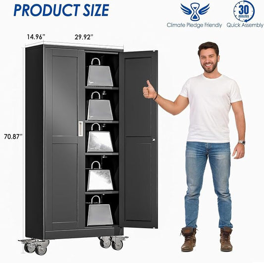 GAIOUS Metal Garage Storage Cabinet with Lock, Steel Tool Cabinet with 2 Door and 4 Adjustable Shelves, 71” Tall Lockable File Cabinet with Wheels, Rolling Cabinet for Home Office Garage Gym - Black