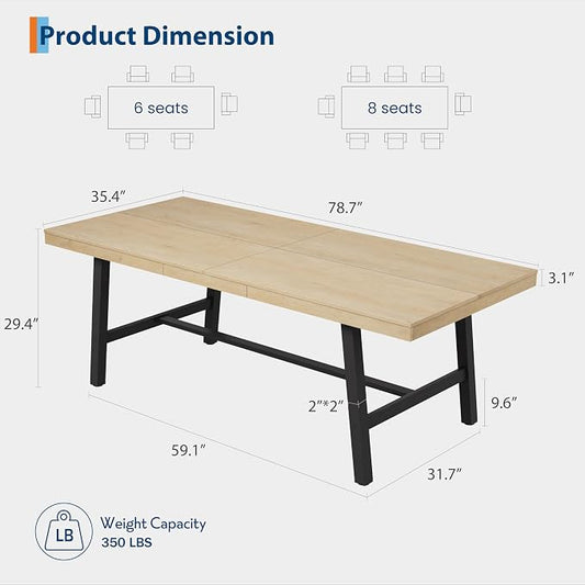 GarveeHome Industrial Dining Table for 6-8 People, 78.7" Long Large Kitchen Table with Sturdy Metal Frame, Rectangular Counter for Dinner, Kitchen, Dining Room (Natural, 79" Non-extendable)