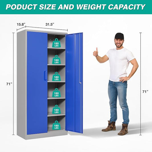 Metal Cabinet with 5 Adjustable Shelves,6 Tier Garage Storage Cabinet with Lock,Gray Blue Metal Storage Cabinet with Locking Doors,Steel Cabinets,71" Lockable Storage Cabinets for Home,Office,Garage