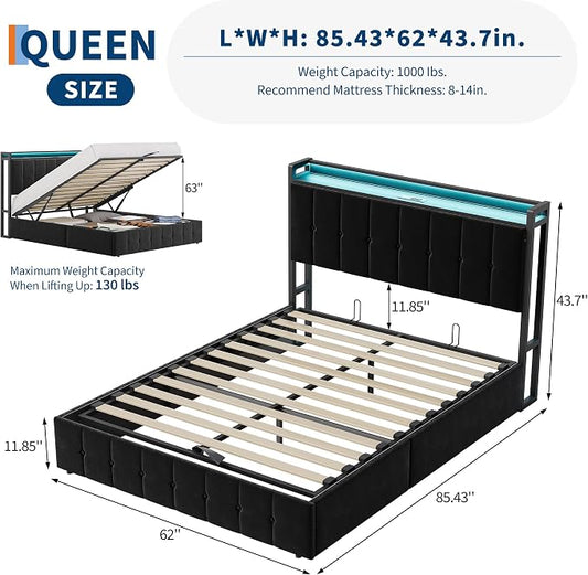 Garvee Queen Size Lift Up Storage Bed with LED Lights, Upholstered Velvet Bed Frame with Storage Headboard & Charging Station, Metal Platform Bed, No Box Spring Needed, Solid Wooden Slats, Black