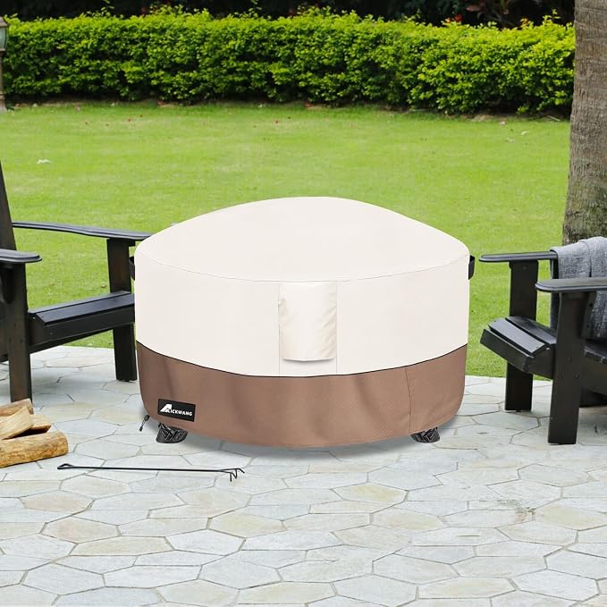 Fire Pit Cover Round 54 Inch Waterproof,Outdoor Heavy Duty Durable 600D Tear-Resistant Fire Pit Table Cover,Patio Round Firepit Cover 54" D x 24" H, Beige