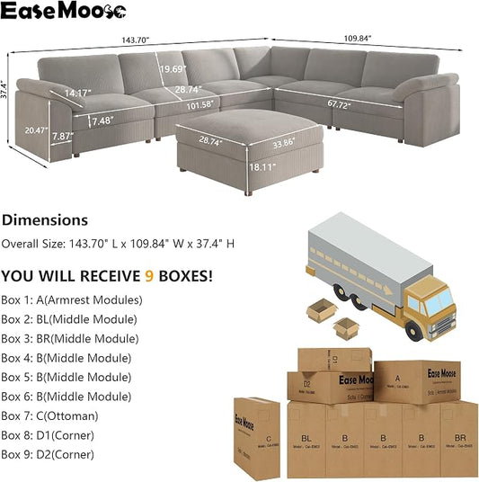 EASE MOOSE deep Sectional Modular Sofa,Comfort Large Sectional Couch Oversized Cloud Couch,Removable Cover,Light Gray