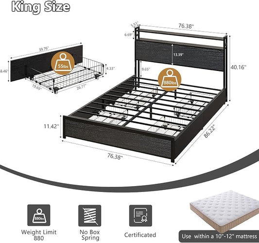 VINGLI Metal Bed Frame King with 4 Drawers and Storage Headboard, Platform with Charging Station and LED Lights, No Box Spring Needed, Noise Free, Easy Assembly, Black