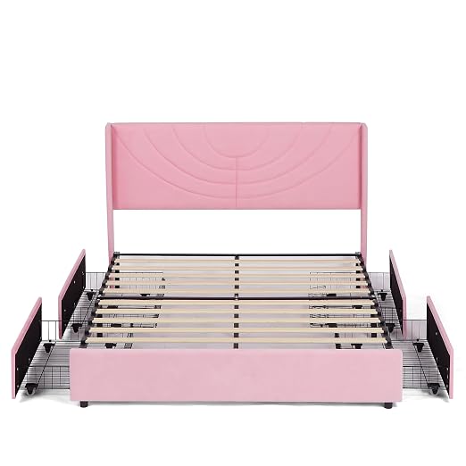 VECELO Full Bed Frame Upholstered Platform with 4 Drawers&Fabric Headboard,Wooden Slats Support/No Box Spring Needed/Mattress Foundation,Pink