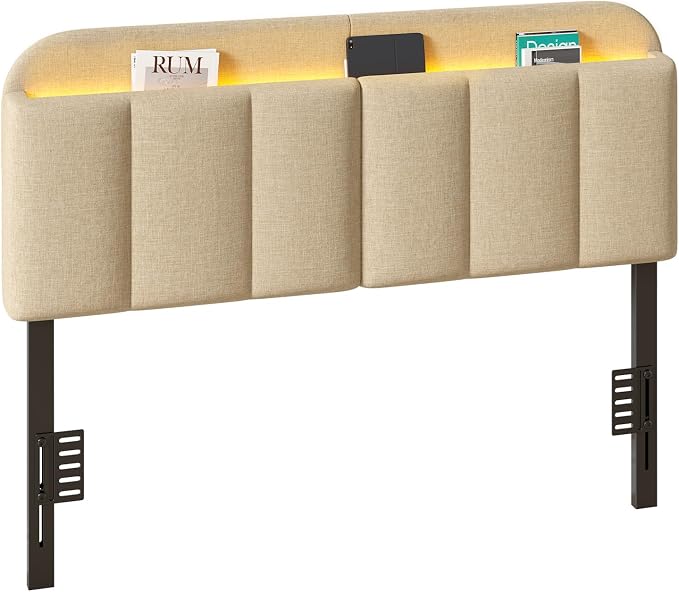 Queen Size Adjustable Headboard, Upholstered Headboard with Storage, APP Controlled LED Light, Padded Head Board Only, Sturdy Metal Foot Frame, Vertical Channel Design for Bedroom, Beige