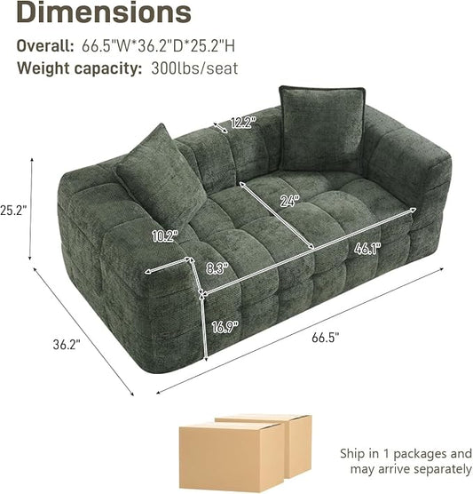 66.5" Loveseat Boneless Couch,Comfy Cloud Sectional Sofa with Deep Seat,Modern Upholstered Chenille Love Seat Sofa, Small Couches for Living Room, No Assembly Required Tufted Sofas, Green
