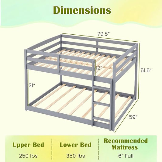 Giantex Full Over Full Bunk Bed, Solid Wood Kids Bunk Bed with Full-Length Guardrails, Integrated Ladder & Anti-Tippling Kits, Low Bunk Beds with Slats Support for Kids, Teens, Grey