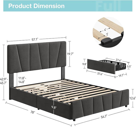 Full Size Bed Frame with Upholstered Headboard & 4 Storage Drawers with Wheels, Platform Bed Frame with Wooden Slat Support, Adjustable Headboard, No Box Spring Needed, Noise-Free, for Bedroom