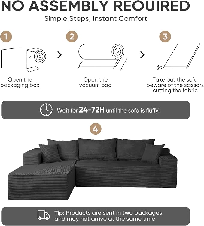 Boneless Couch, 102.4" Sectional Couches for Living Room with L Shape Sofa | Cloud Couch Sectional with Chaise, Modular Cloud Sofa with Deep Seat, No Assembly, Black, Corduroy, Left Chaise