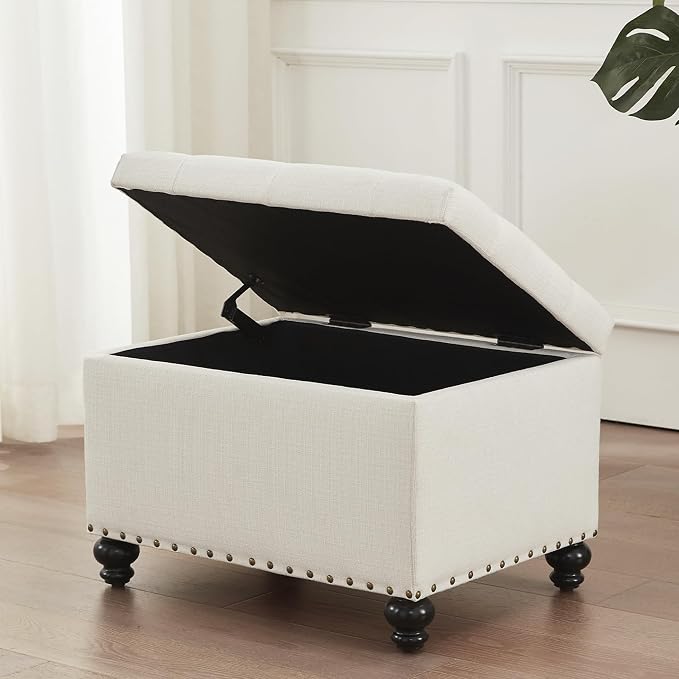 Zihanhome Small Storage Ottoman, Tufted Ottoman Foot Rest, Foot Stools, 24" Upholstered Rectangle Bench with Solid Wood Legs for Living Room, Bedroom, Dorms and Apartments (White)