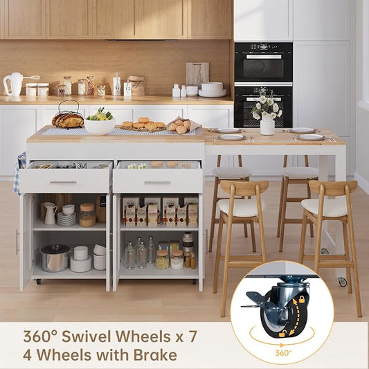 OtterOasis 78" Rolling Kitchen Island with Extendable Dining Table, Mobile Island with Storage for 2, Farmhouse Wood 4-Door Cabinet for Kitchen & Dining Room, White