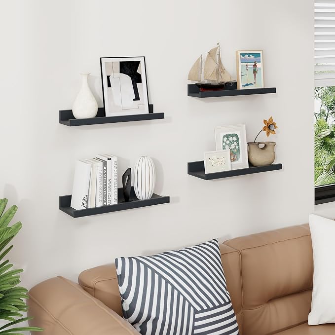 Axeman Black Picture Ledge Shelf Set of 4, 16'' Floating Shelves with Lip | Rustic Black Wood Picture Shelves for Wall with Ledge, Wall Shelves with Lip for Photos Nursery Books