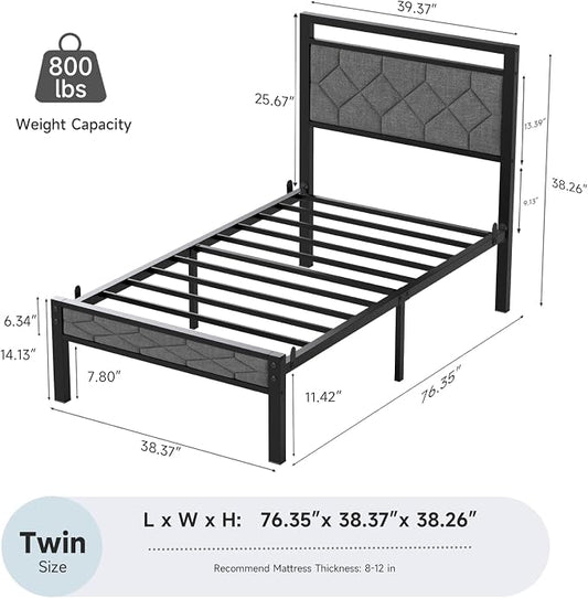 Z-hom Twin Bed Frames, Twin Bed Frame with Upholstered Headboard, Metal Platform Beds Solid and Stable, Grey, Noise Free, Easy Assembly, No Box Spring Needed