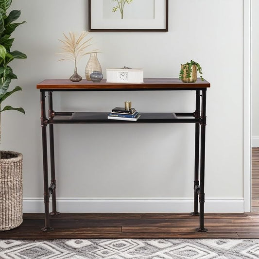 Industrial Rectangle Bar Table for 4-5 People 41.3inch Height Rustic Pipe Design Dining Table Office Meeting Computer Desk Narrow Display Stand in Hallway with 2 Tier Storage
