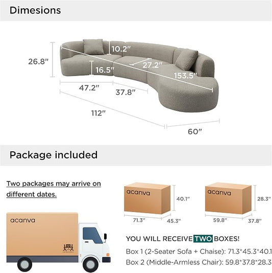 Acanva Formia Boucle Curved Sectional Sofa, 153" W Right Hand, Light Coffee | Modular Couch, Modern Minimalist, Wood Frame, For Living Room, Apartment, Home Office