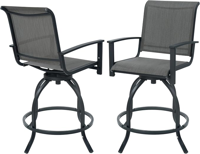 Kozyard Outdoor Swivel Bar Stools Set of 2, 360° Swivel Counter-Height Patio Bar Chairs with High Back, Powder-Coated Steel Frame & Textilene Fabric for Backyard, Balcony, Kitchen Island Gray