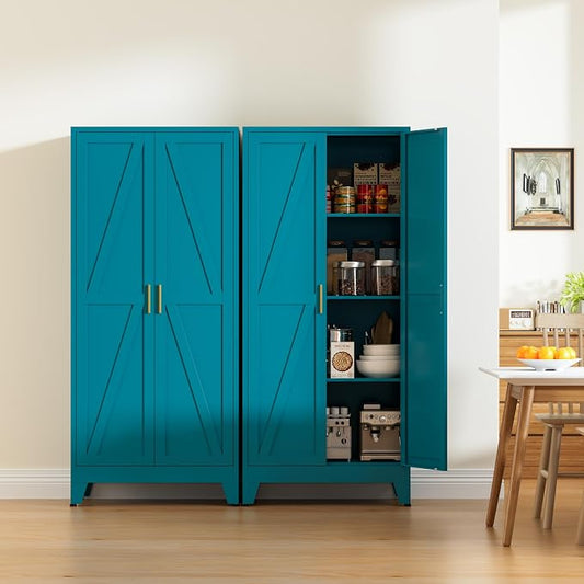 Metal Pantry Cabinet, 61" Tall Kitchen Storage Cabinet with 2 Doors and 3 Adjustable Shelves for Kitchen, Living Room, Dining Room, Bathroom and Home, Office (Blue, 1PC)