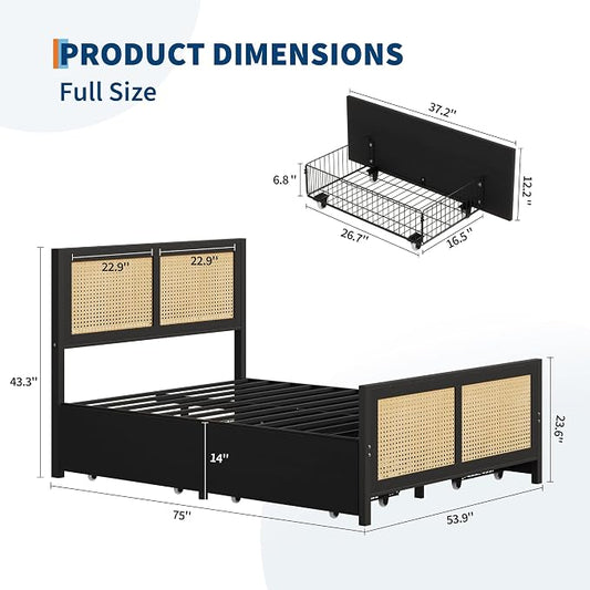 IDEALHOUSE Rattan Bed Frame with Storage Drawers, Boho Full Size Led Bed Frame with Strong Metal Slats Support, No Box Spring Needed, Noise-Free Design, Black