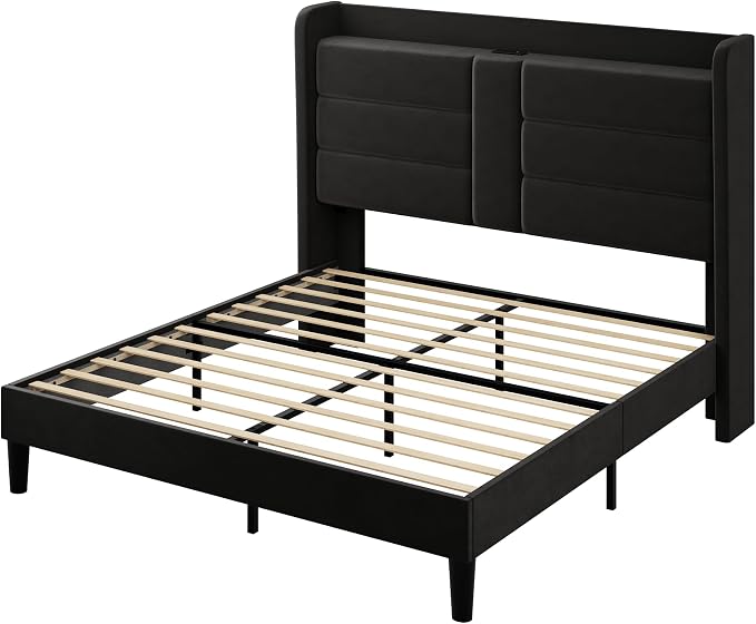 Allewie Full Size Platform Bed Frame with Charging Station & Storage Headboard, Upholstered Velvet Wingback Design & USB Port, Strong Wooden Slats Support, No Box Spring Needed, Easy Assembly, Black