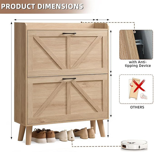 LEYAOYAO Shoe Cabinet Storage for Entryway with 2 Flip Drawers Rack Narrow Organizer Slim Hidden Wood Shoe Cabinet Furniture Natural