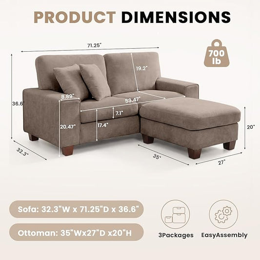 DOPEDIO L-Shaped Sectional Sofa with Storage Ottoman, Modern Chenille Recliner Loveseat, Removable Couch Covers, Pocket Spring Cushions, Solid Wood Frame, Easy to Install (71.25inch, Brown)