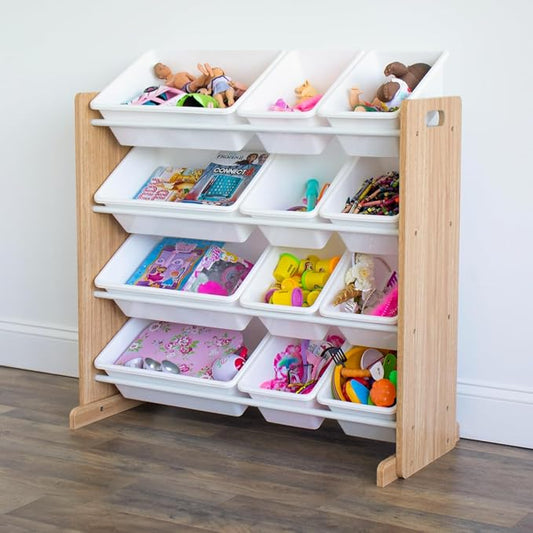 Humble Crew Toy Storage Organizer with 12 Removable Storage Bins for Kids Playroom, 4-Tier Toddler Toy Organization, Natural Wood/White