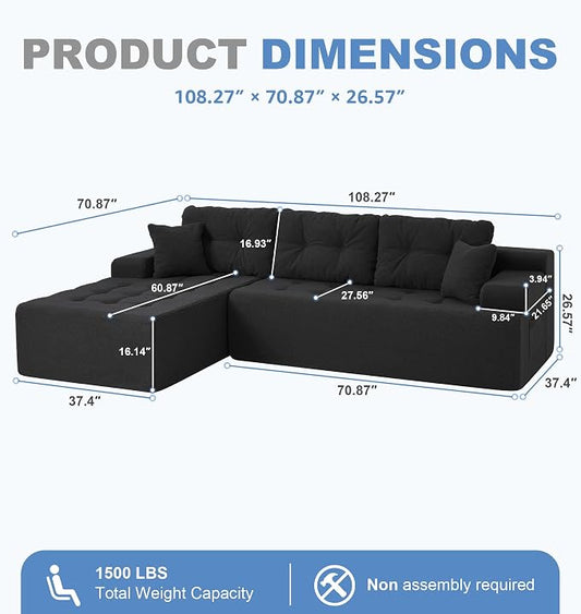 Hobestluk Modular Sectional Sofa Couches L-Shape Couch 3 Seat Modular Sofa Memory Foam Sectional Couches for Living Room, Cloud Couch with Oversized Chaise (Black Tufted, 108", Left Hand Facing)