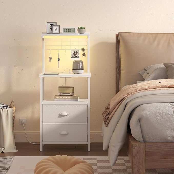 sthmec Tall Nightstands with Charging Station, LED Night Stand Bedsides with 2 PU Finish Fabric Drawers,Hooks,USB Port and Oepn Storage Shelves,Tall End Table Bedside for Bedroom,Office, White
