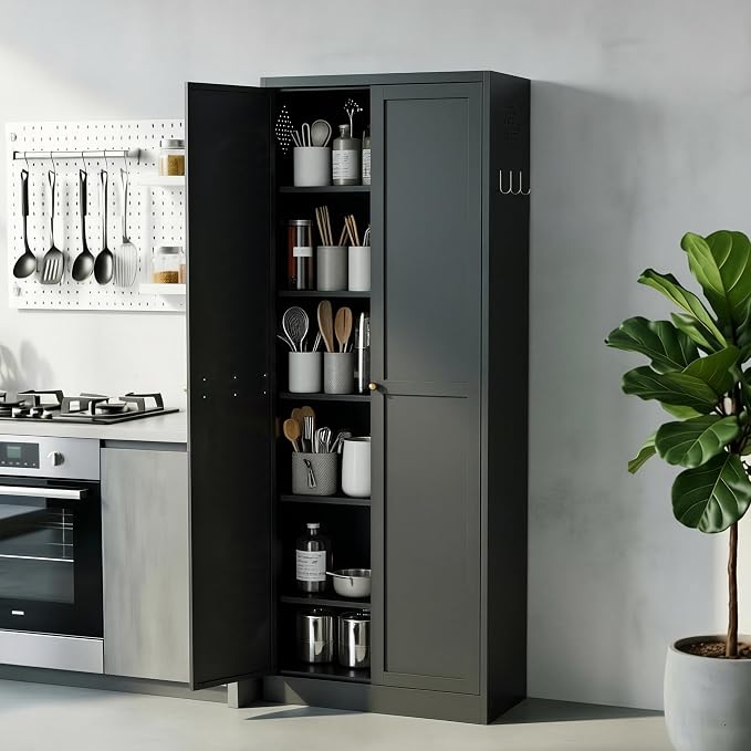Kitchen Pantry Cabinet, 72" Tall Black Metal Storage Cabinet, Kitchen Storage with 2 Doors and 5 Adjustable Shelves, Freestanding Cupboard for Living, Dining Room and Bathroom,Assemble Required