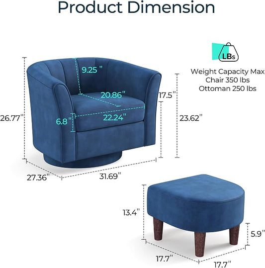 LINSY Swivel Accent Chair Ottoman Set: Velvet Larege Barrel Chair with Foot Rest, Modern Reading Chair Upholstered Armchair with Footrest for Living Room Bedroom Study Room Office (Blue)