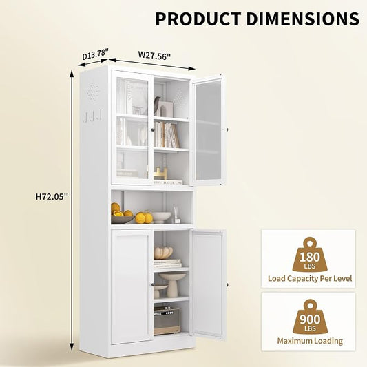 Kitchen Pantry Cabinet, 72" H Storage Cabinet with Glass Doors and Adjustable Shelves, Spacious Cupboard with 2 Handles, Metal Kitchen Cabinet for Dining Room, Living Room, White