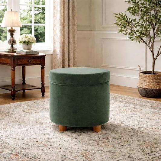 HomePop Home Decor | Upholstered Round Storage Ottoman | Ottoman with Storage for Living Room & Bedroom, Loden Green Velvet Large