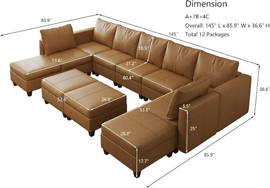 EASE MOOSE Faux Leather Sectional, Large Faux Leather Modular Sofa Couch U Shaped Sectional Couch with Storage Ottomans, Brown