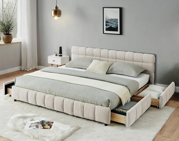 KEIKI King Thick Chenille Bed Frame with 4 Storage Drawer & Upholstered Tufted Headboard, Modern Solid Wood Floor Platform for Bedroom, No Box Spring Needed