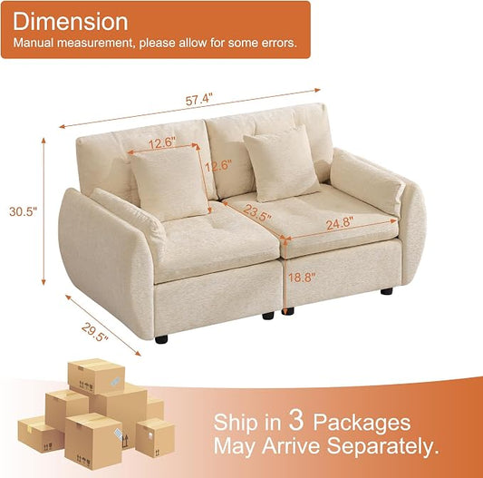 57" Modular Loveseat Cloud Sofa, Deep Seat Tufted Chenille Sectional Love Seat Couch with Curved Arms, 2-Seater Couches for Living Room, Beige