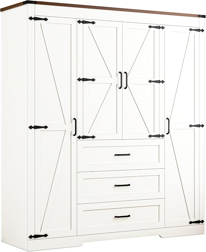 4 Door Armoire Wardrobe Closet Cabinet with 3 Drawers and Drawers, Farmhouse Bedroom Armoire with Hanging Rod and Adjustable Shelves, Large Capacity Storage Wardrobe Armoire for Bedroom, White