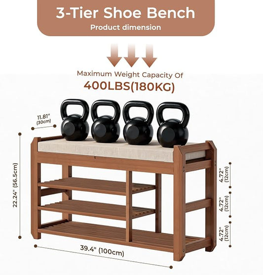 39.4" Bamboo Shoe Bench with Cushion, 3-Tier Adjustable Storage Bench for Entryway, Heavy Duty Shoe Rack Organizer with Removable Soft Cushion for Living Room Bedroom Hallway