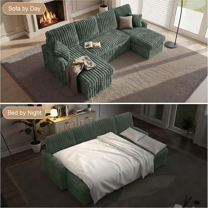 KCGKCG 104" U Shaped Sleeper Sofa Bed, Sectional Couches for Living Room, Plush Corduroy Pull Out Couch Bed with Storage, Modular Sectional Couch with Charging Station, Cup Holder, Side Pocket, Green